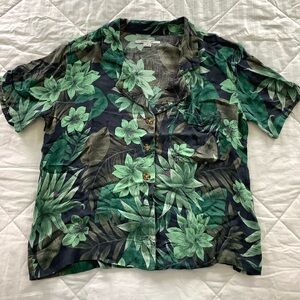 Tropical leaf pattern button down shirt